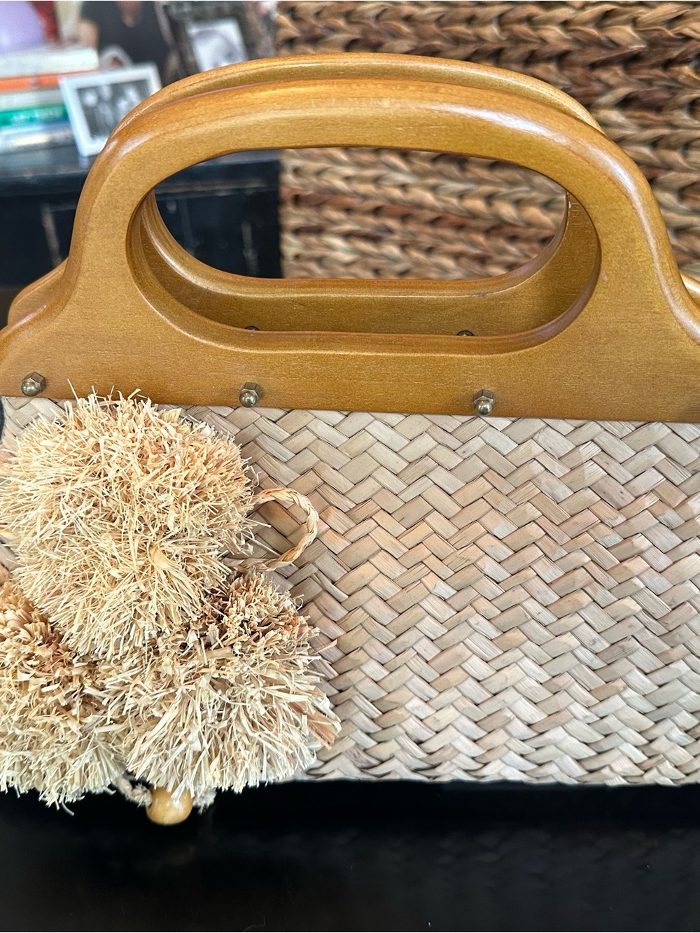 J Crew Woven Straw Handbag with Wooden Handles